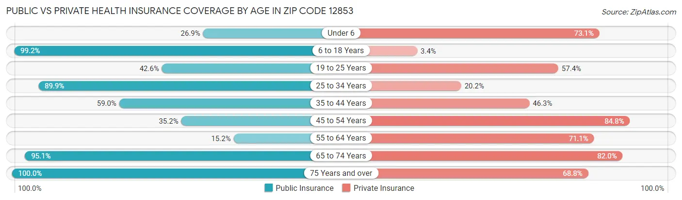 Public vs Private Health Insurance Coverage by Age in Zip Code 12853