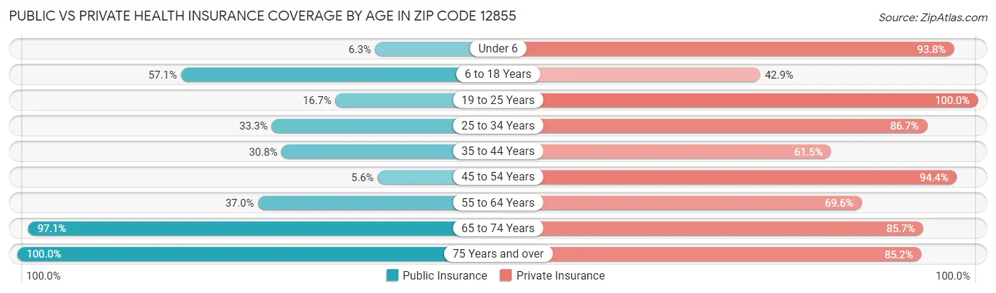 Public vs Private Health Insurance Coverage by Age in Zip Code 12855