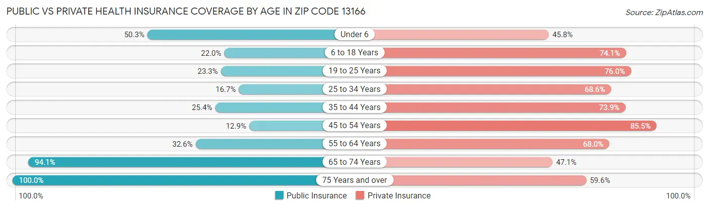 Public vs Private Health Insurance Coverage by Age in Zip Code 13166