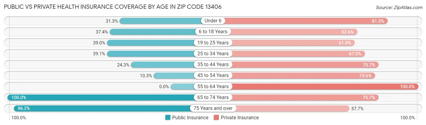 Public vs Private Health Insurance Coverage by Age in Zip Code 13406