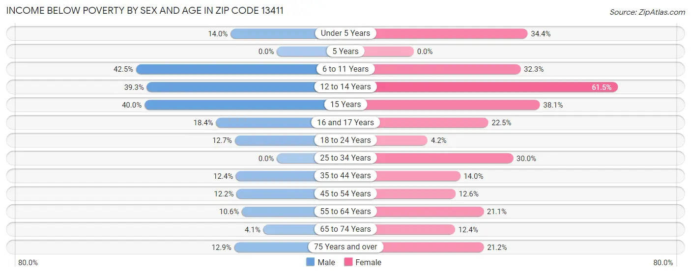 Income Below Poverty by Sex and Age in Zip Code 13411