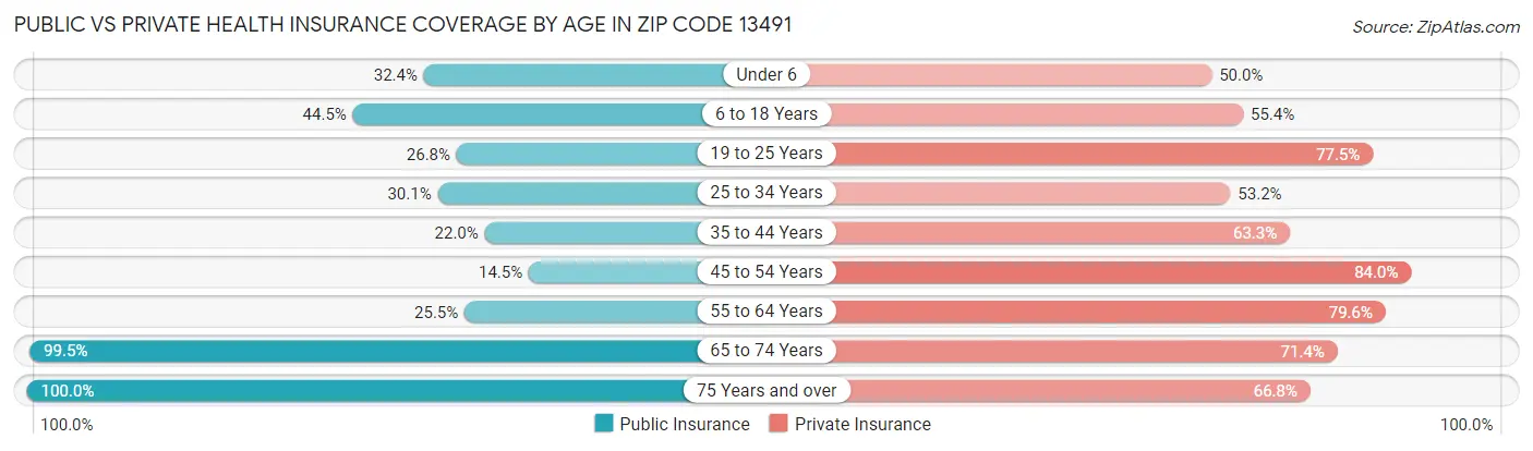 Public vs Private Health Insurance Coverage by Age in Zip Code 13491