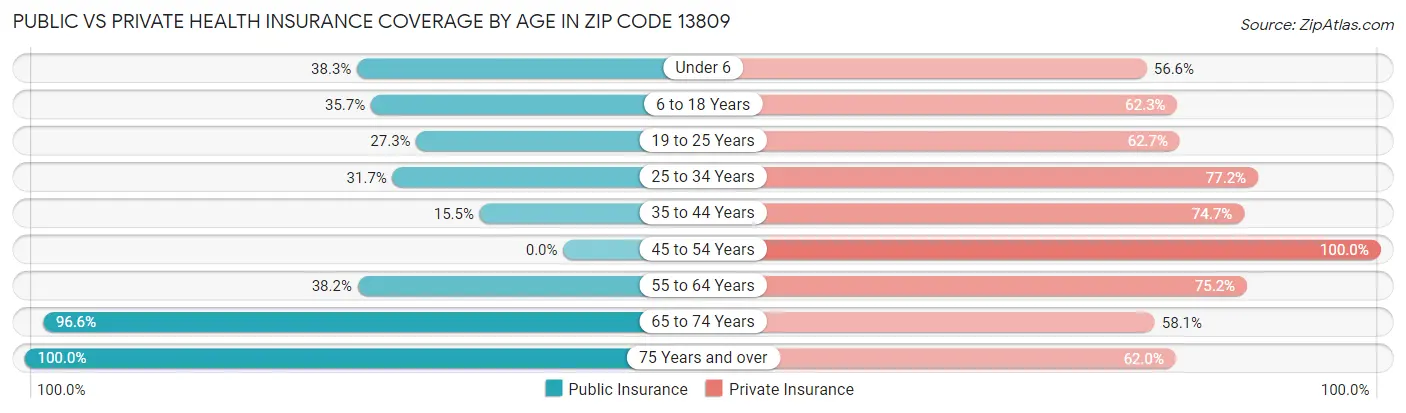 Public vs Private Health Insurance Coverage by Age in Zip Code 13809
