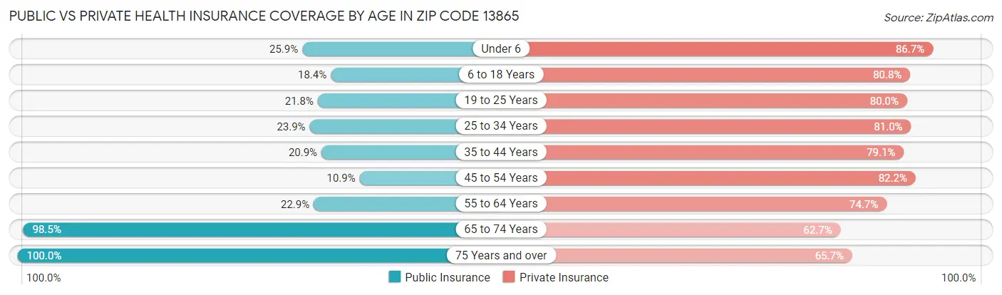 Public vs Private Health Insurance Coverage by Age in Zip Code 13865
