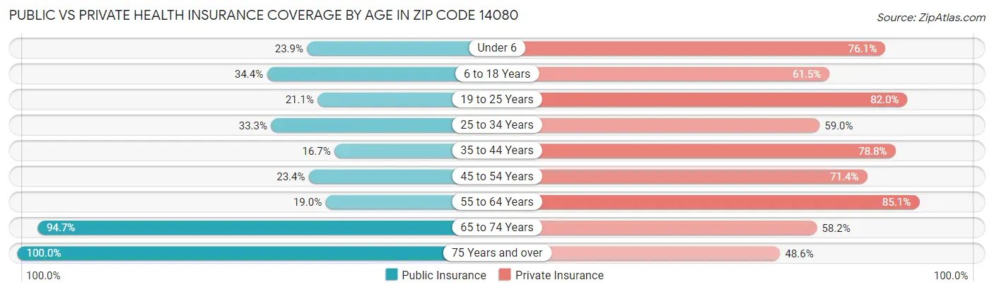 Public vs Private Health Insurance Coverage by Age in Zip Code 14080