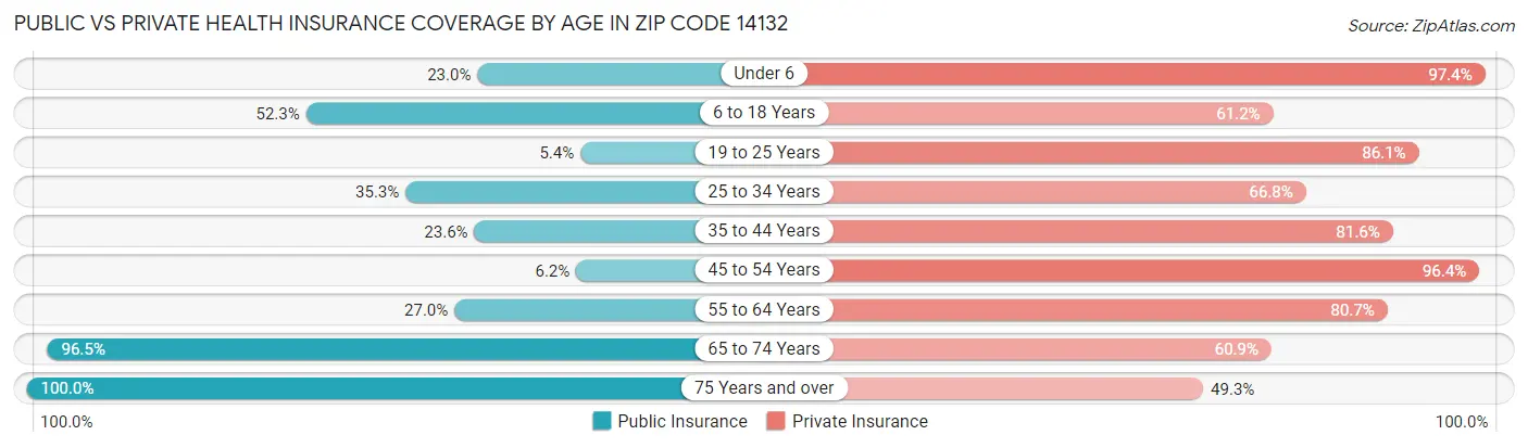 Public vs Private Health Insurance Coverage by Age in Zip Code 14132
