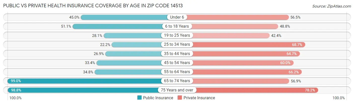 Public vs Private Health Insurance Coverage by Age in Zip Code 14513