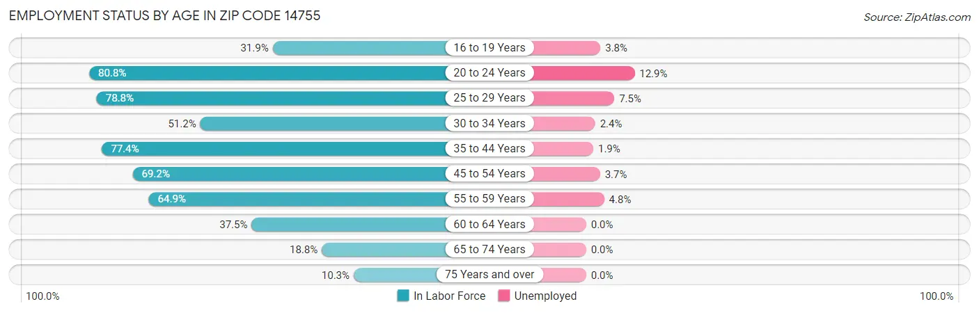 Employment Status by Age in Zip Code 14755