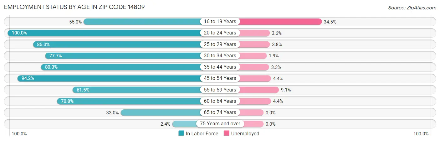 Employment Status by Age in Zip Code 14809