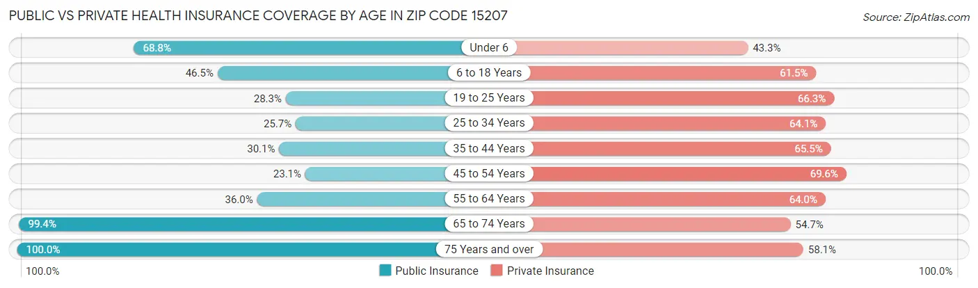 Public vs Private Health Insurance Coverage by Age in Zip Code 15207