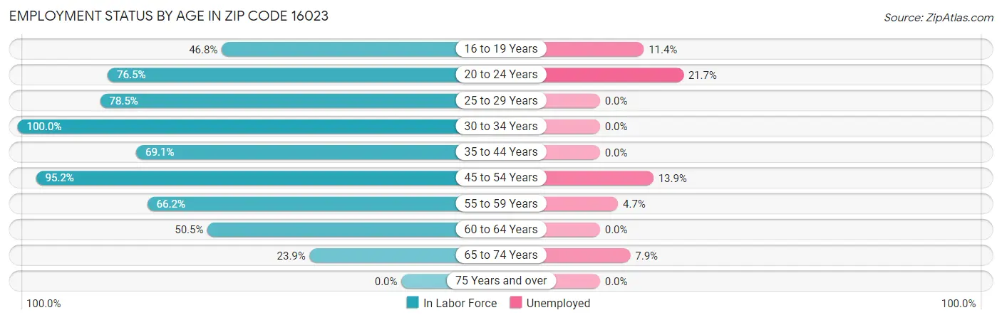 Employment Status by Age in Zip Code 16023