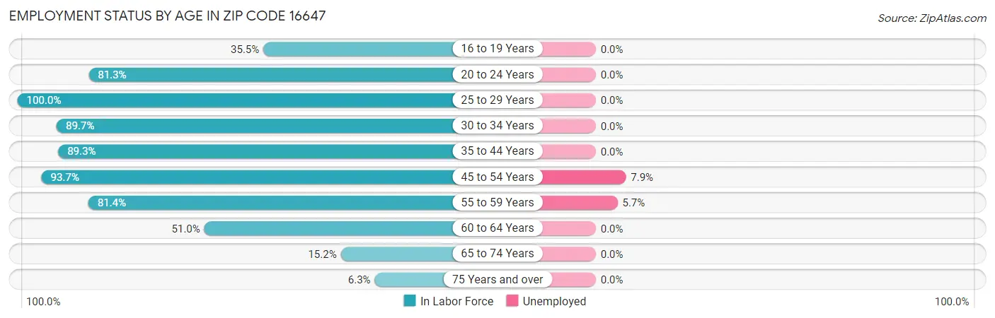 Employment Status by Age in Zip Code 16647