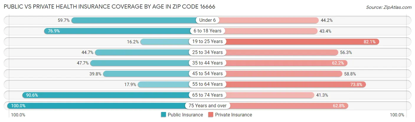 Public vs Private Health Insurance Coverage by Age in Zip Code 16666