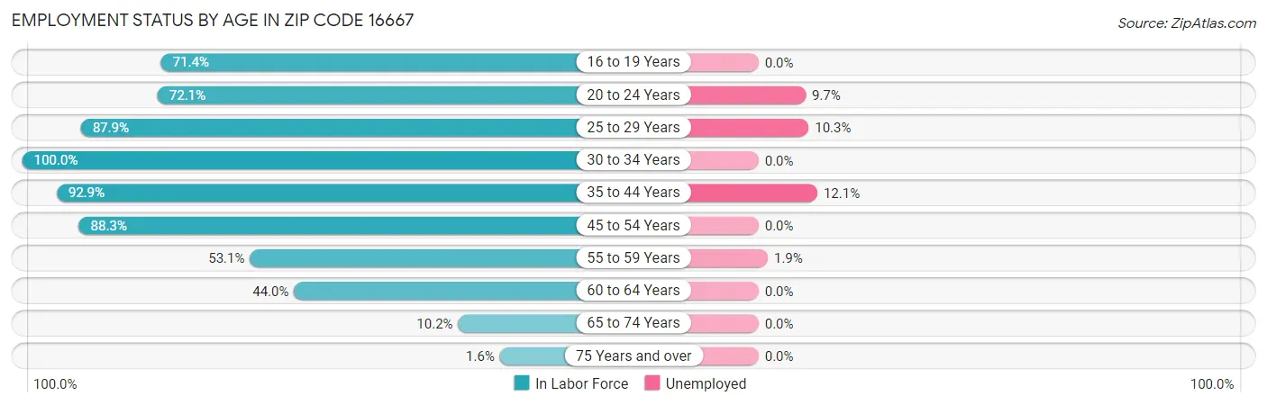 Employment Status by Age in Zip Code 16667