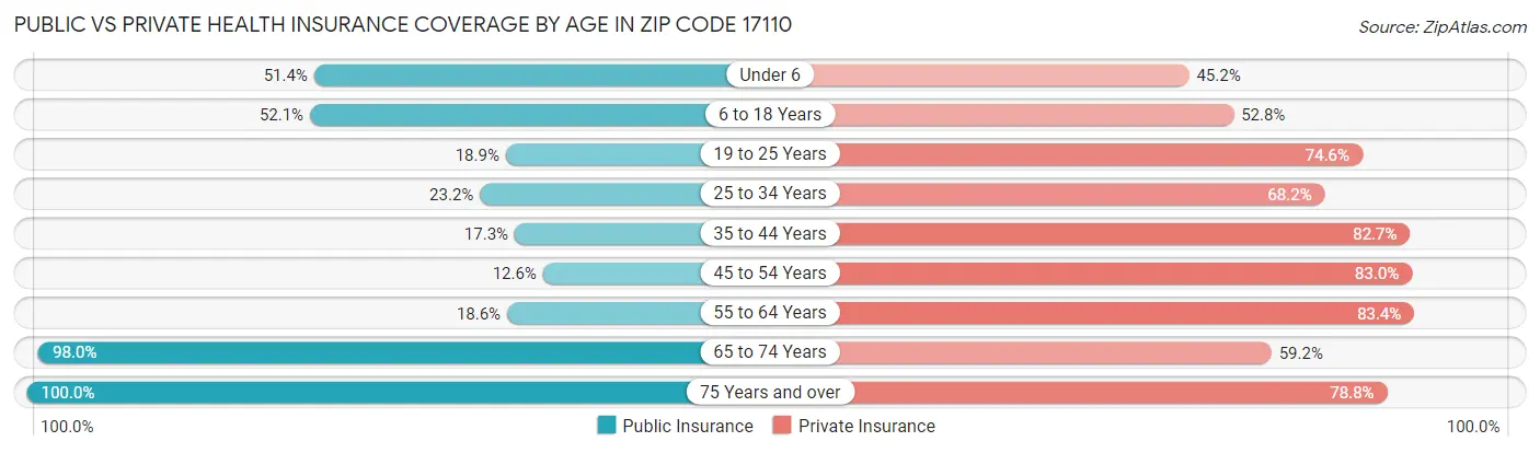 Public vs Private Health Insurance Coverage by Age in Zip Code 17110
