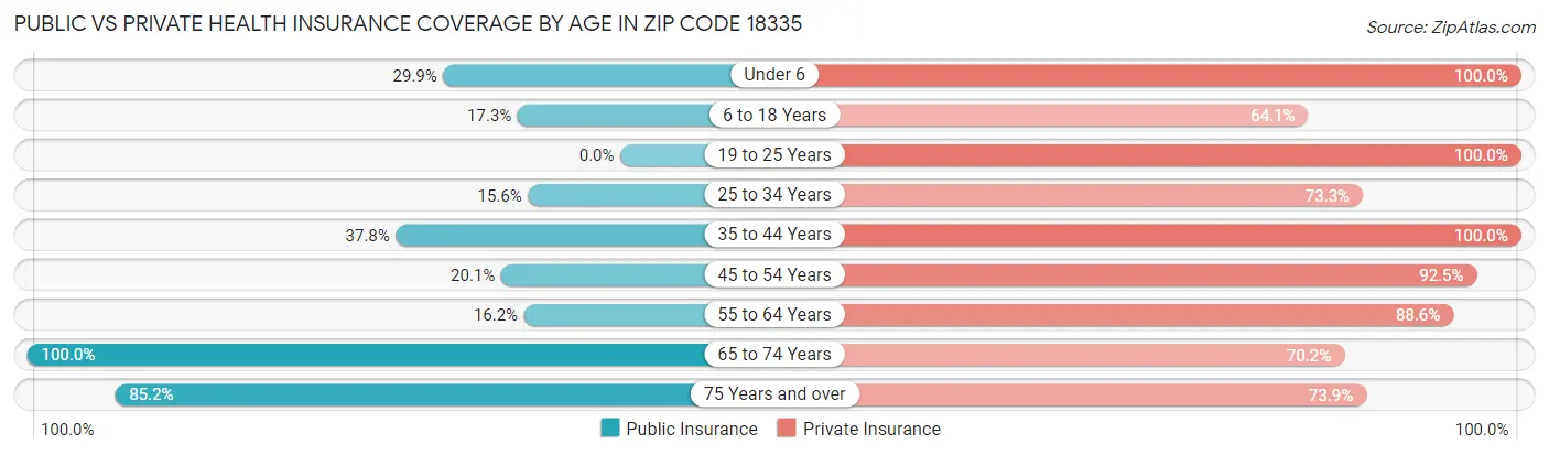 Public vs Private Health Insurance Coverage by Age in Zip Code 18335