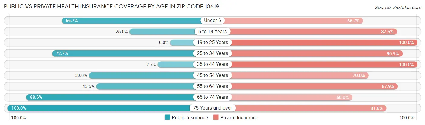 Public vs Private Health Insurance Coverage by Age in Zip Code 18619