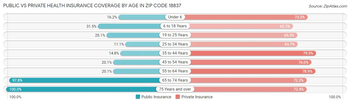 Public vs Private Health Insurance Coverage by Age in Zip Code 18837