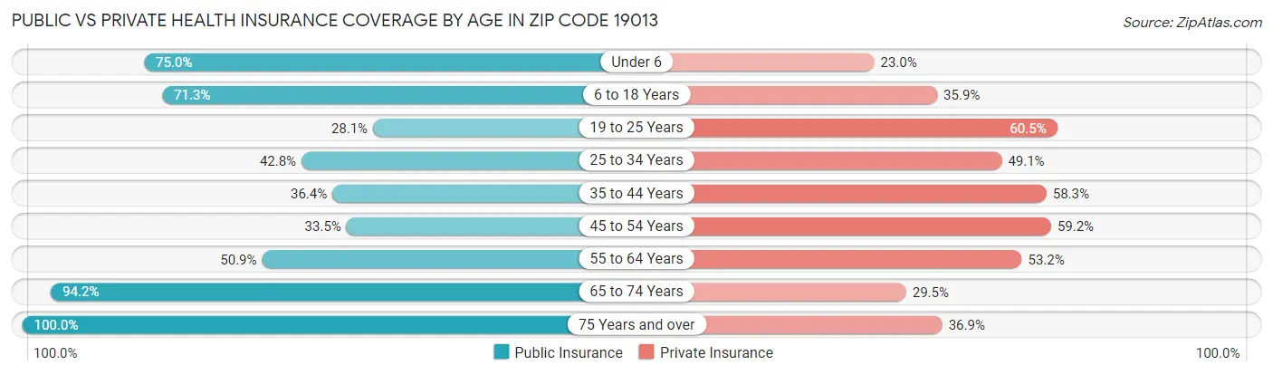 Public vs Private Health Insurance Coverage by Age in Zip Code 19013