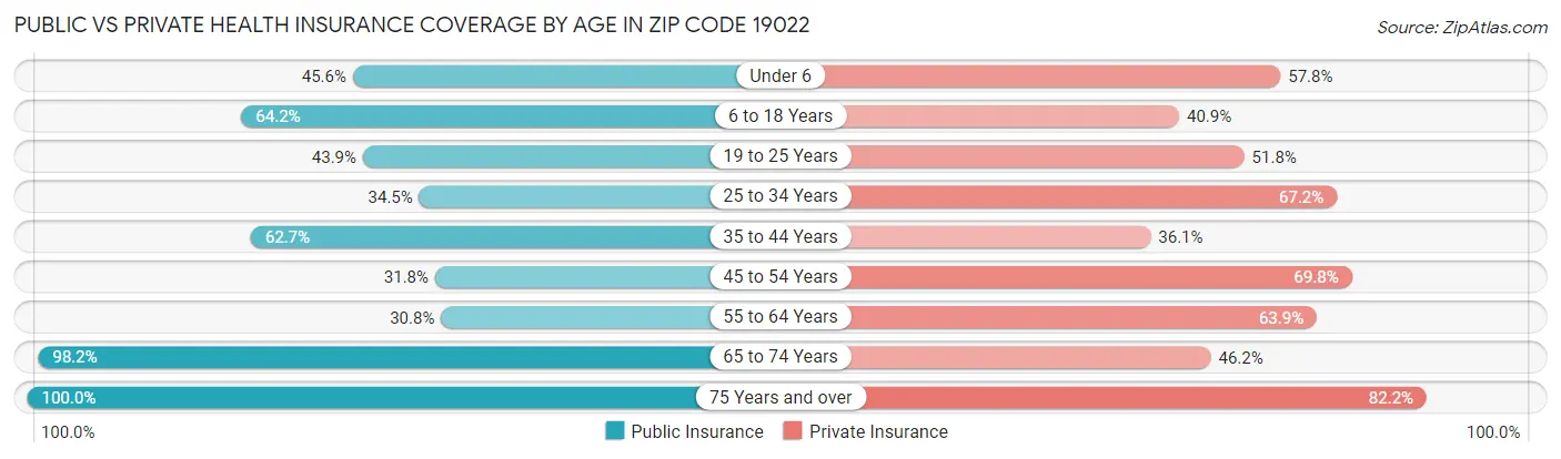 Public vs Private Health Insurance Coverage by Age in Zip Code 19022