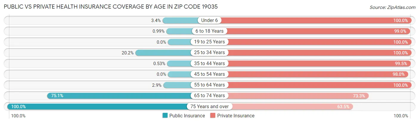 Public vs Private Health Insurance Coverage by Age in Zip Code 19035