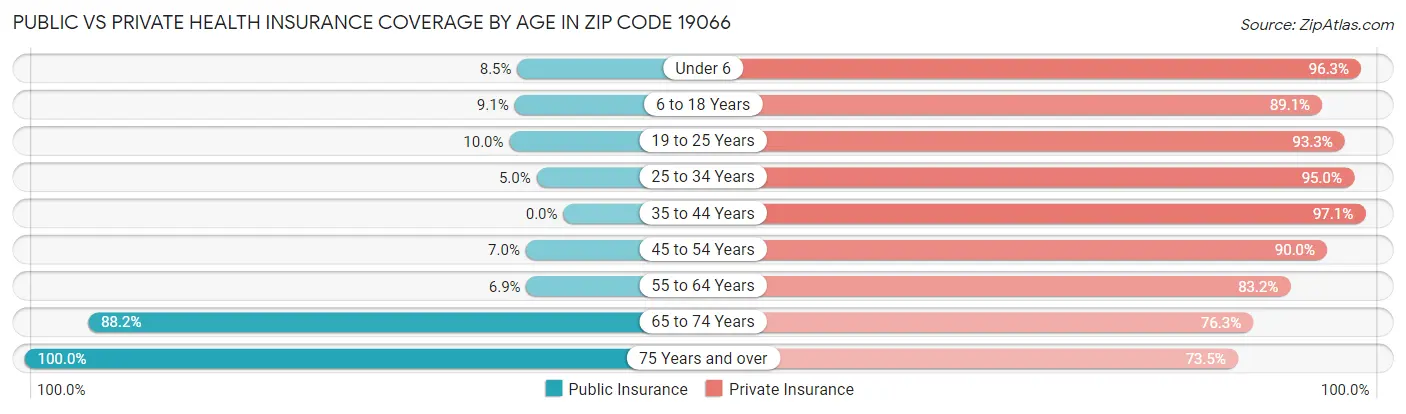 Public vs Private Health Insurance Coverage by Age in Zip Code 19066
