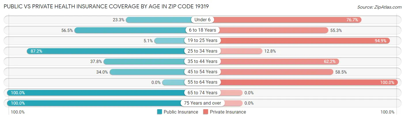 Public vs Private Health Insurance Coverage by Age in Zip Code 19319