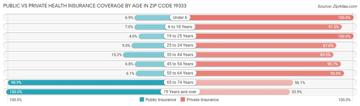 Public vs Private Health Insurance Coverage by Age in Zip Code 19333