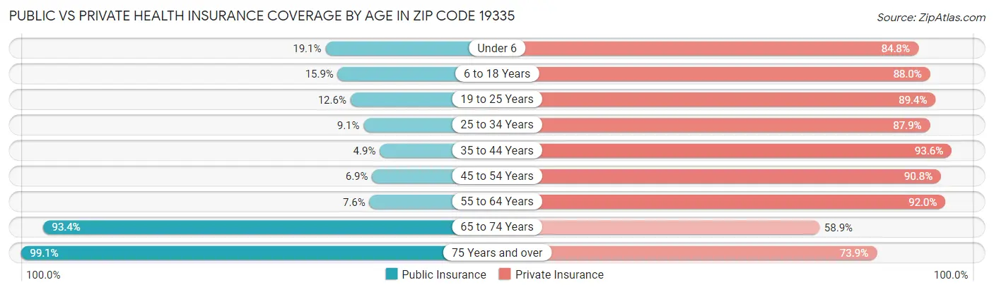 Public vs Private Health Insurance Coverage by Age in Zip Code 19335