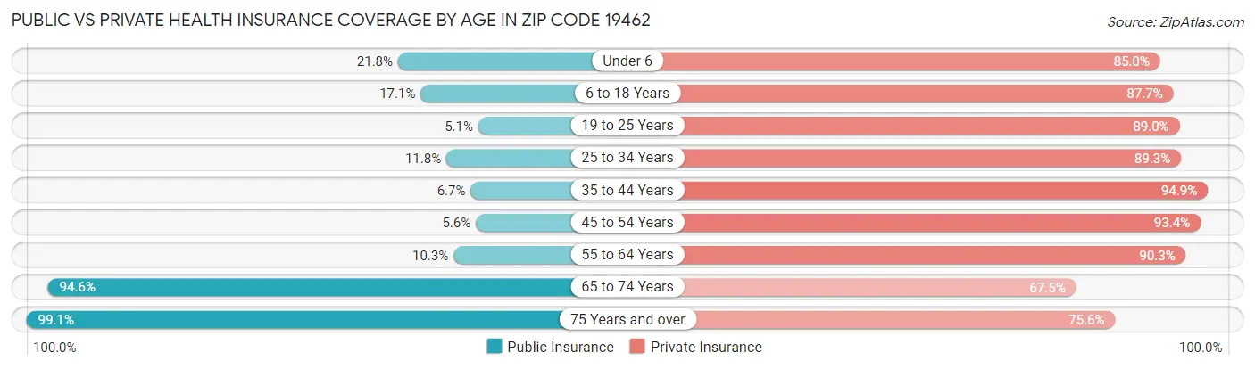 Public vs Private Health Insurance Coverage by Age in Zip Code 19462