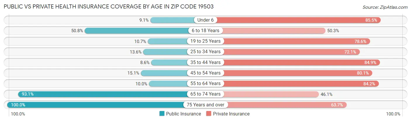 Public vs Private Health Insurance Coverage by Age in Zip Code 19503