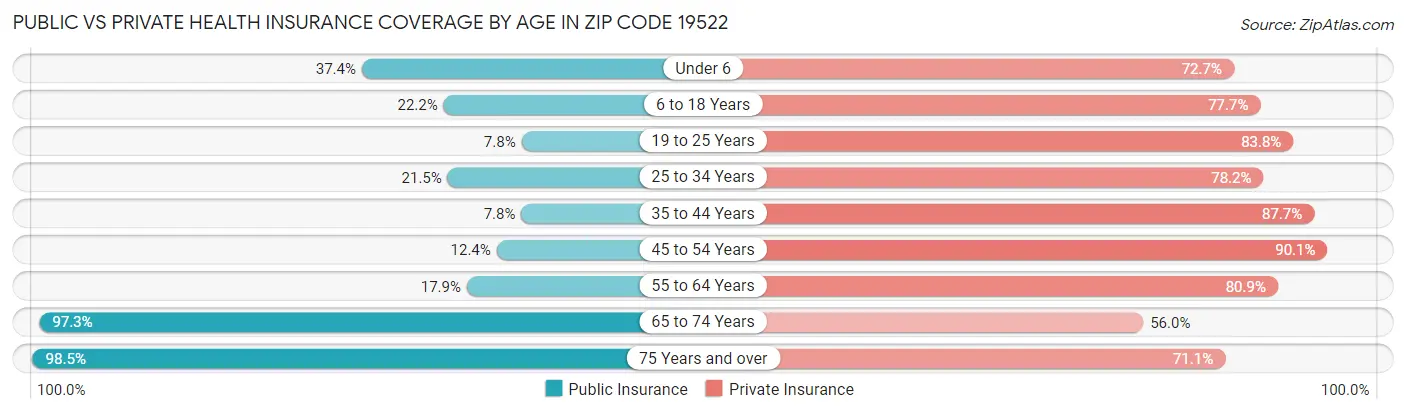 Public vs Private Health Insurance Coverage by Age in Zip Code 19522
