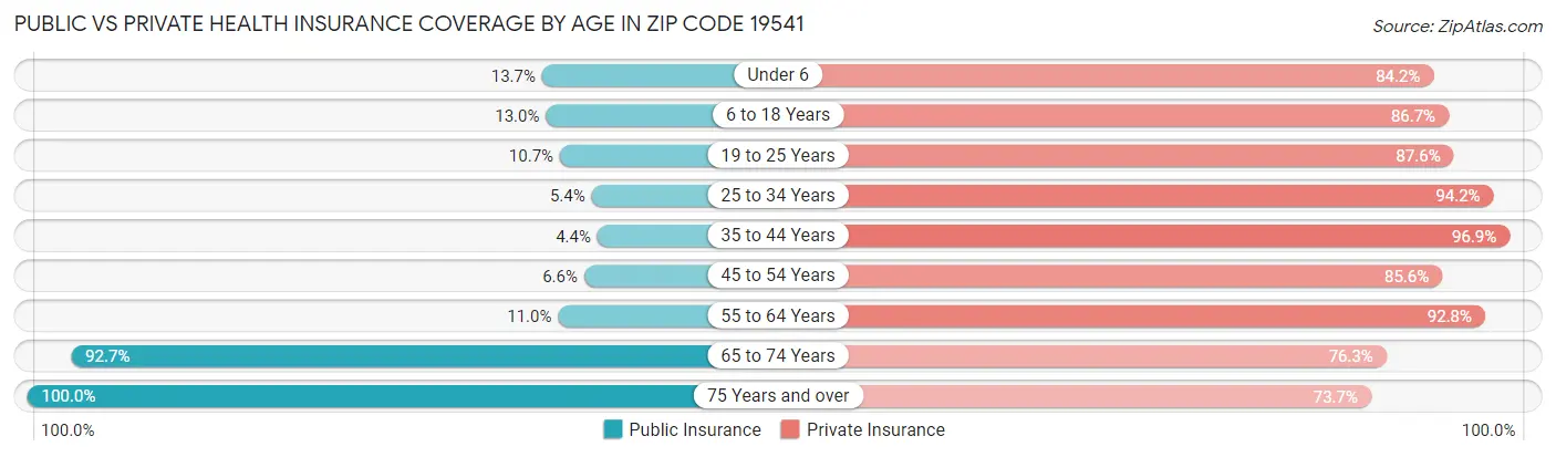 Public vs Private Health Insurance Coverage by Age in Zip Code 19541