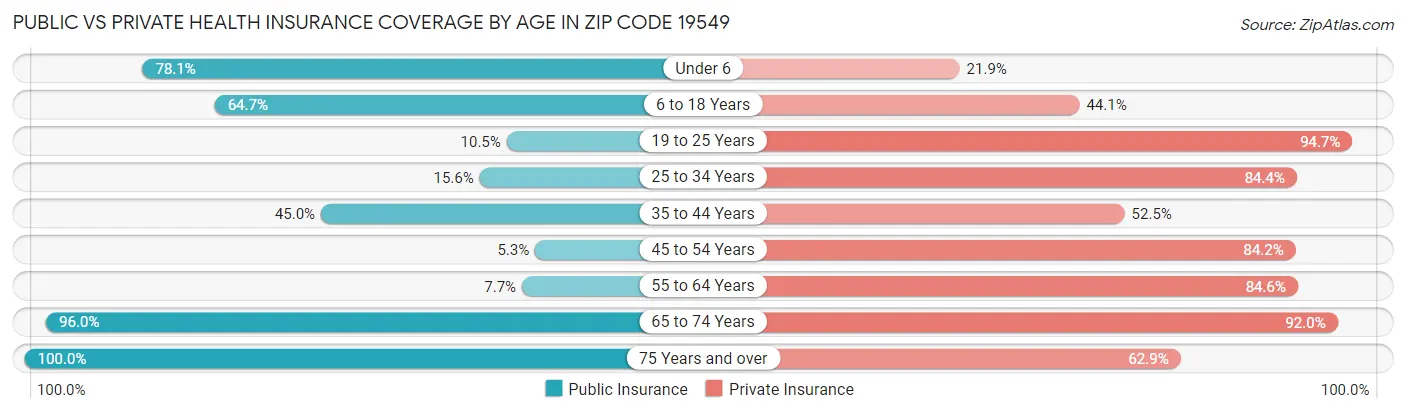 Public vs Private Health Insurance Coverage by Age in Zip Code 19549
