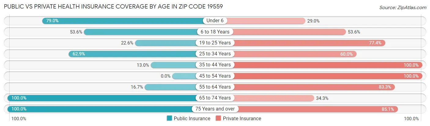 Public vs Private Health Insurance Coverage by Age in Zip Code 19559