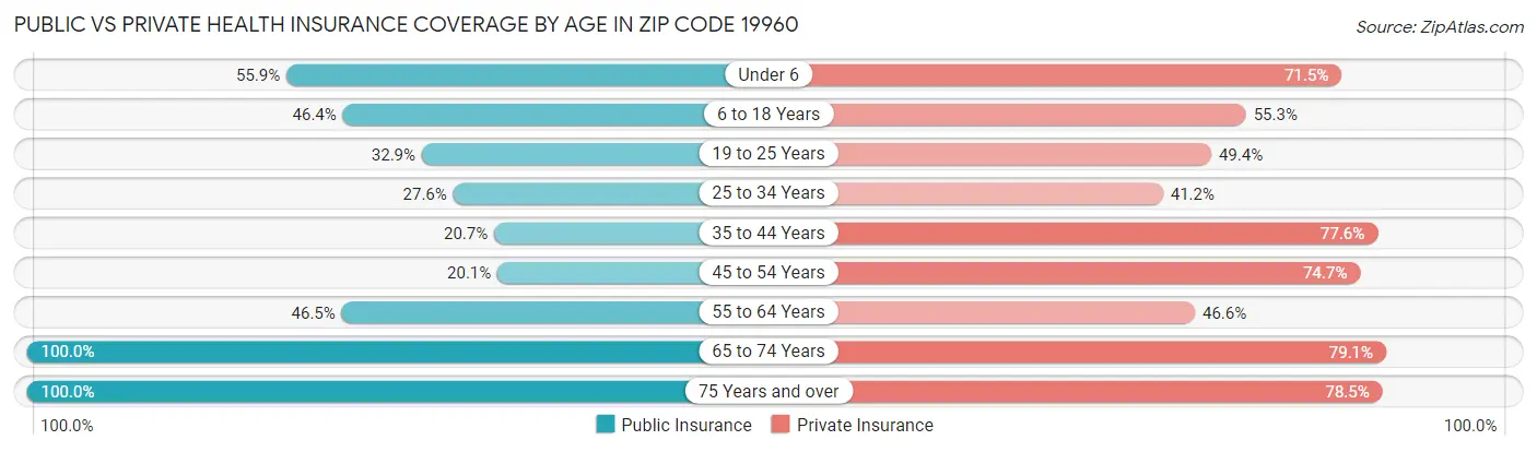 Public vs Private Health Insurance Coverage by Age in Zip Code 19960