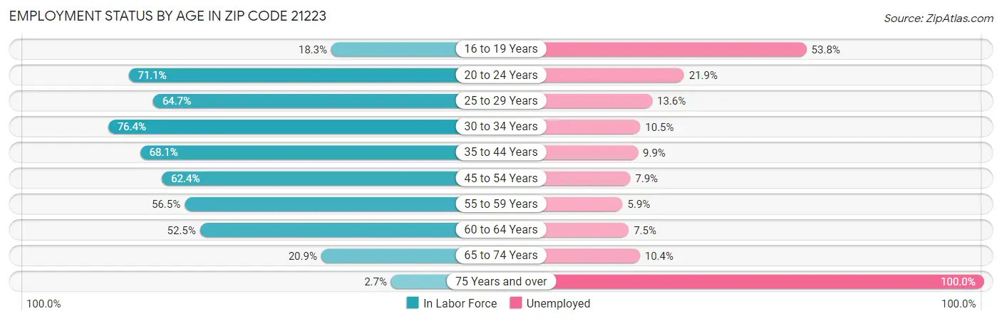 Employment Status by Age in Zip Code 21223
