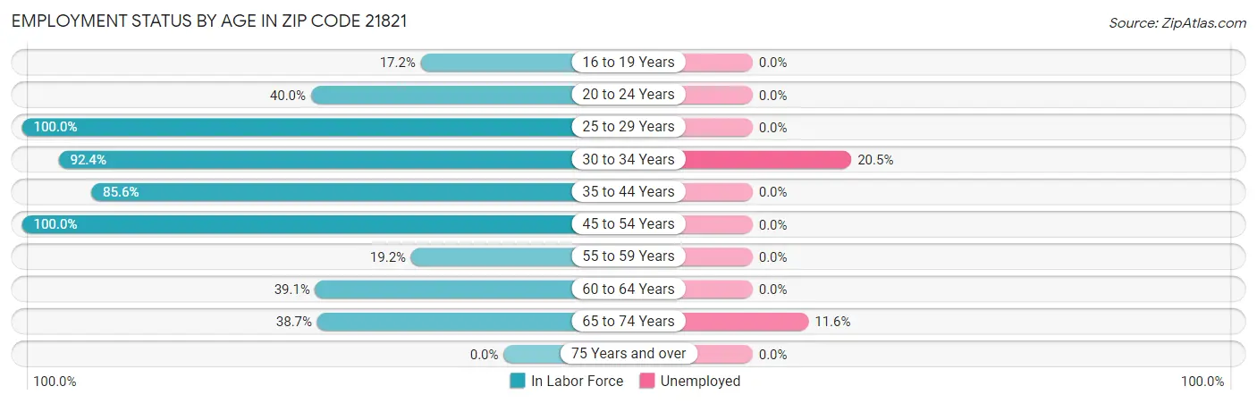 Employment Status by Age in Zip Code 21821