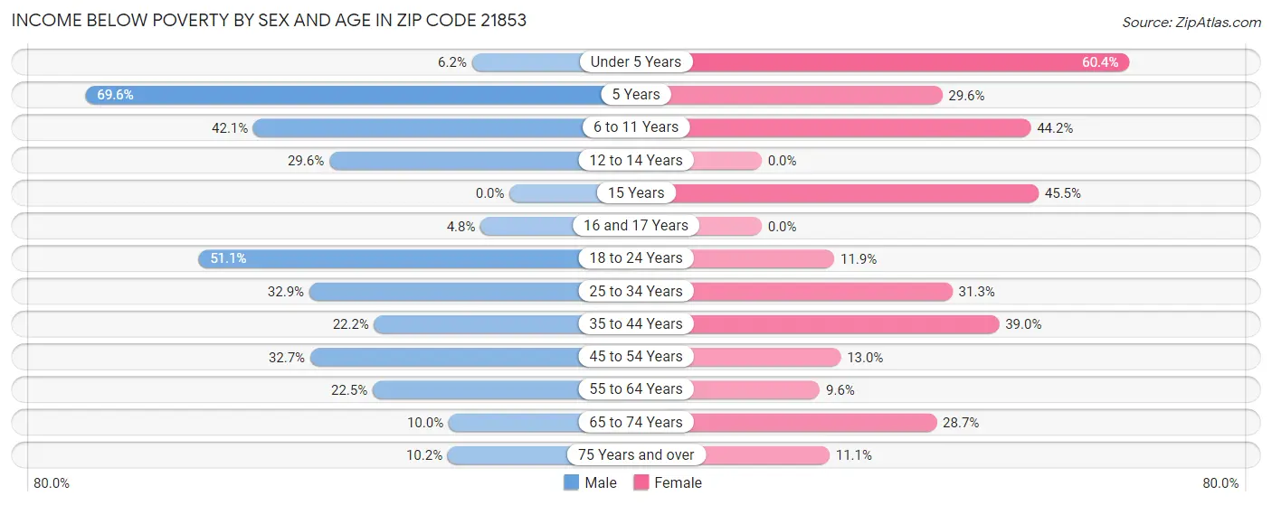 Income Below Poverty by Sex and Age in Zip Code 21853