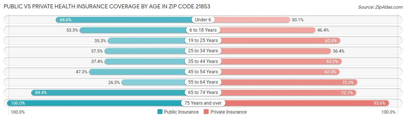 Public vs Private Health Insurance Coverage by Age in Zip Code 21853