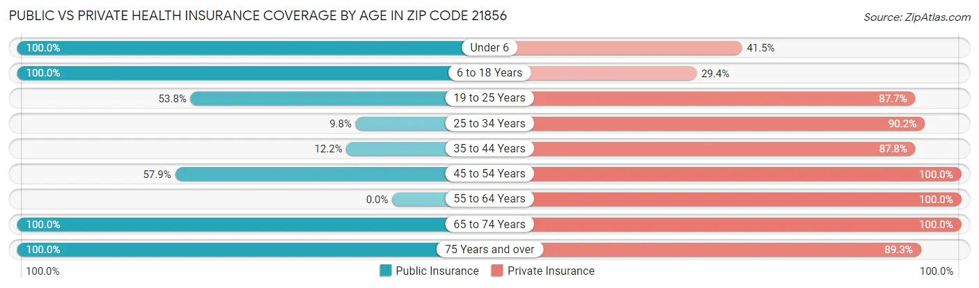 Public vs Private Health Insurance Coverage by Age in Zip Code 21856