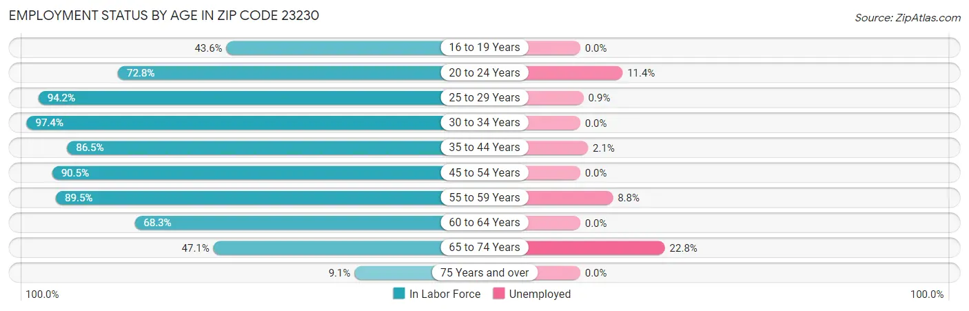 Employment Status by Age in Zip Code 23230
