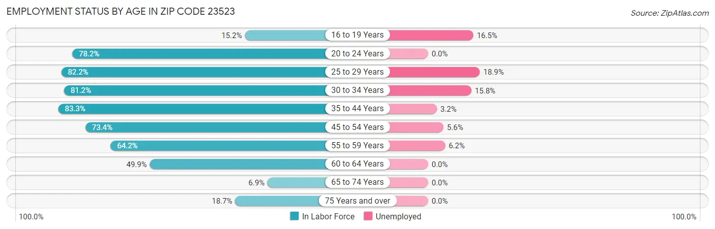 Employment Status by Age in Zip Code 23523