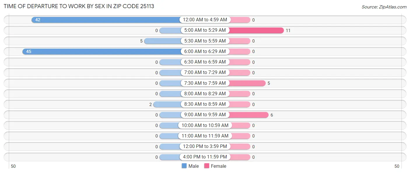 Time of Departure to Work by Sex in Zip Code 25113