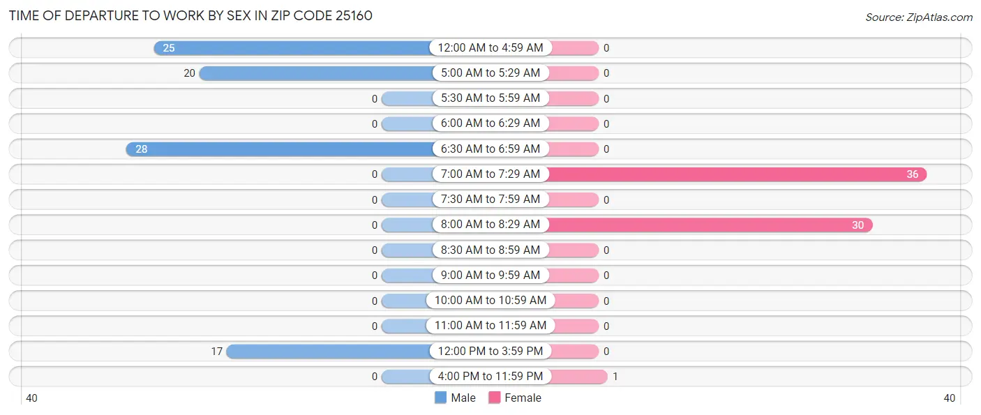 Time of Departure to Work by Sex in Zip Code 25160