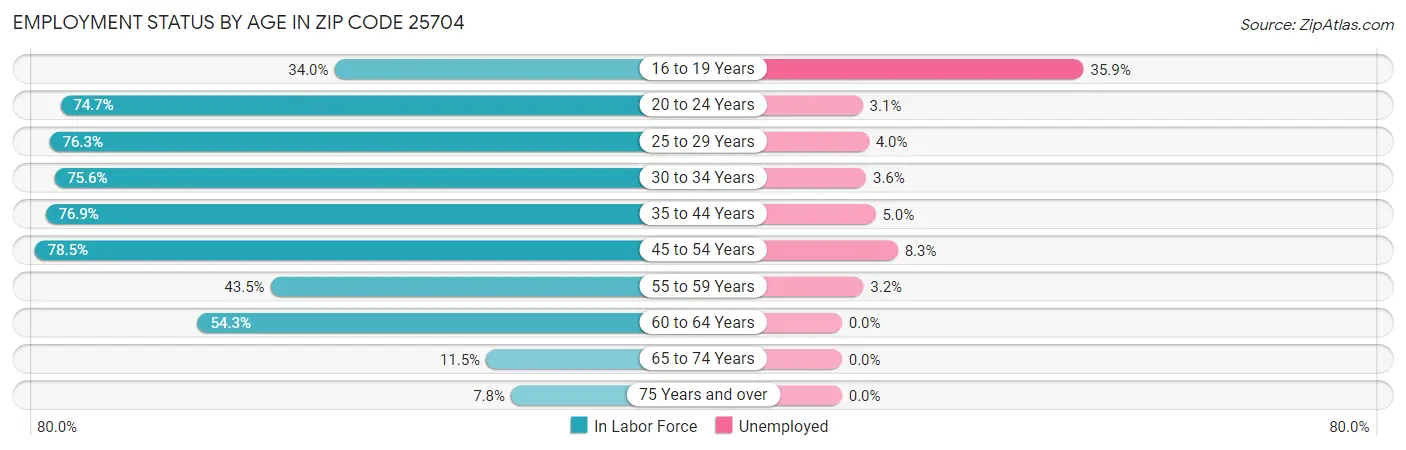Employment Status by Age in Zip Code 25704