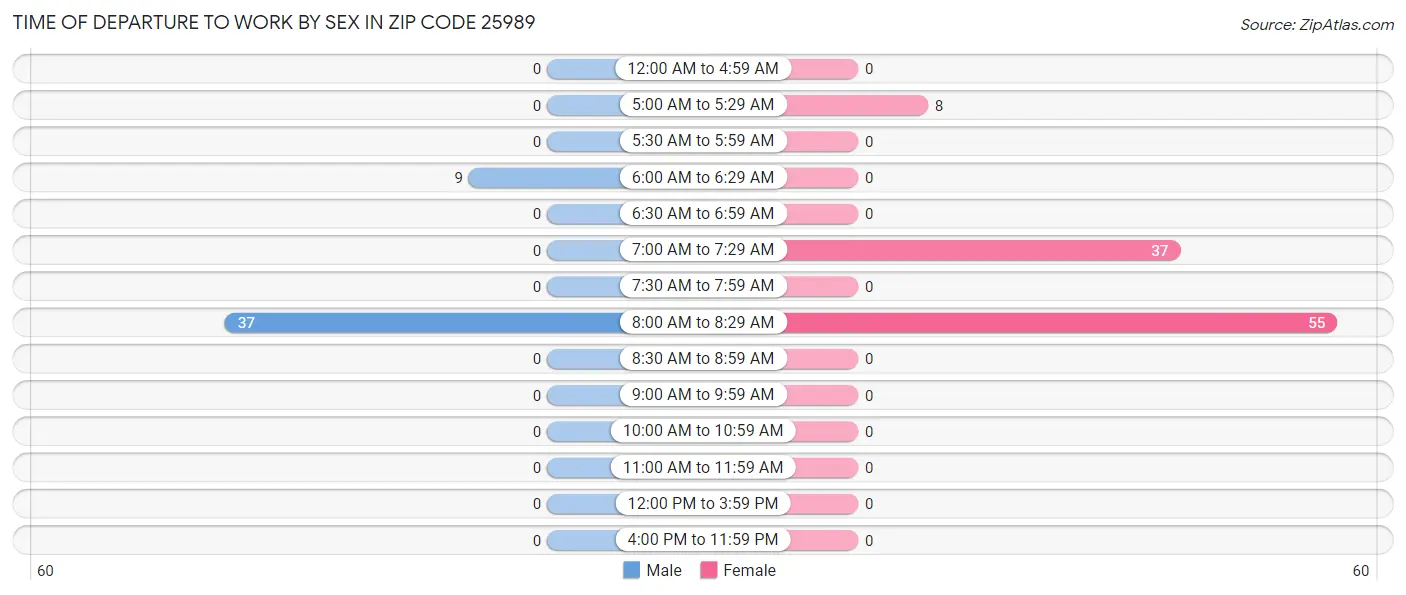 Time of Departure to Work by Sex in Zip Code 25989