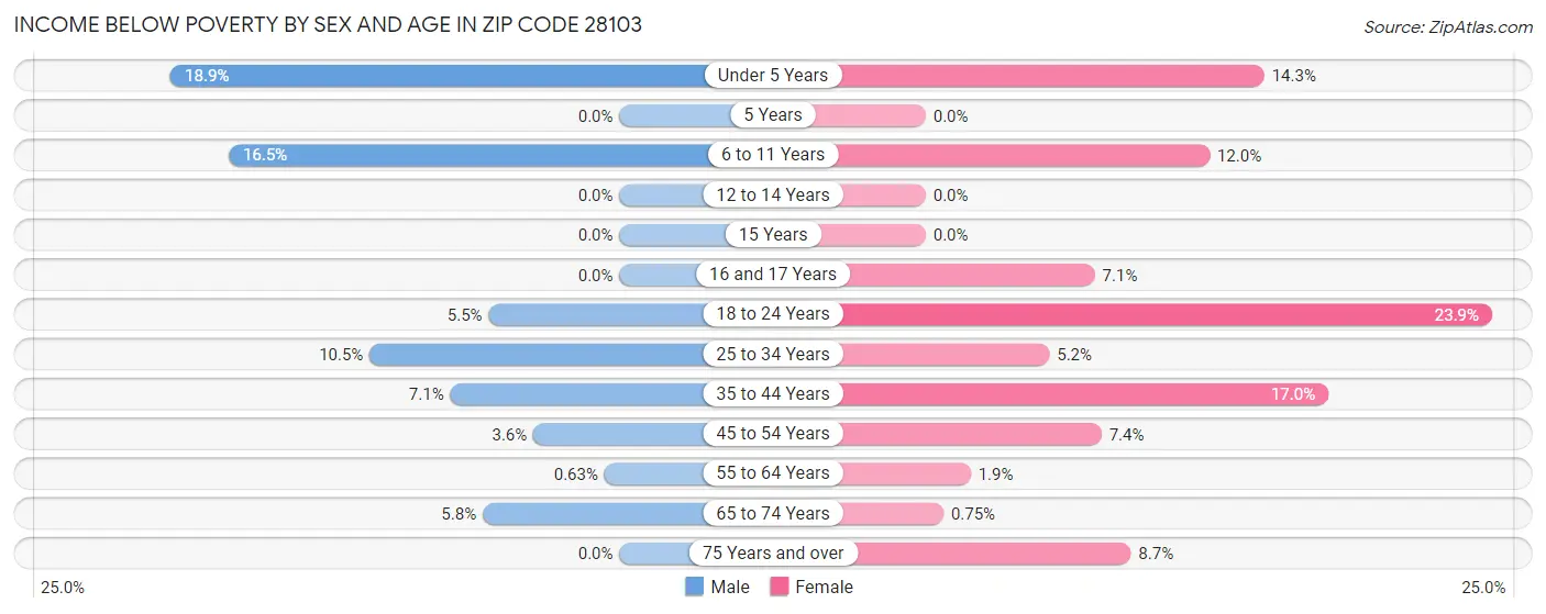 Income Below Poverty by Sex and Age in Zip Code 28103