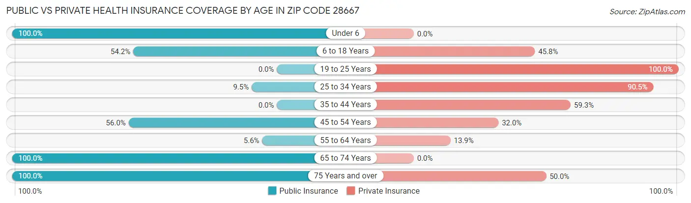Public vs Private Health Insurance Coverage by Age in Zip Code 28667
