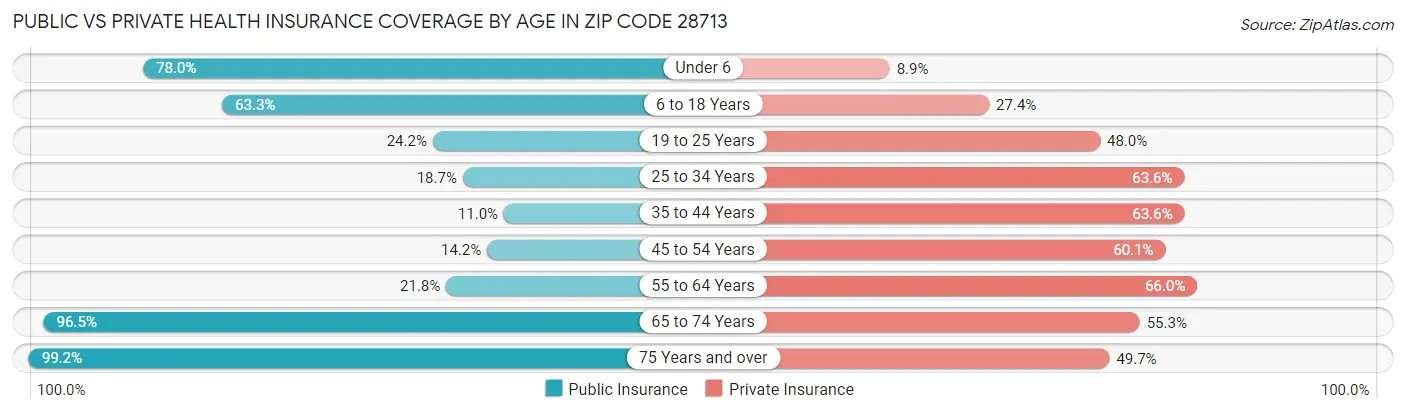Public vs Private Health Insurance Coverage by Age in Zip Code 28713